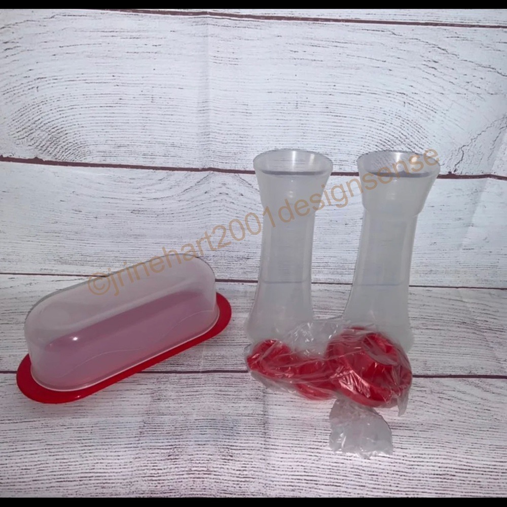 New Tupperware Hourglass Salt & Pepper Shakes 718 & Butter Dish 5080 Red